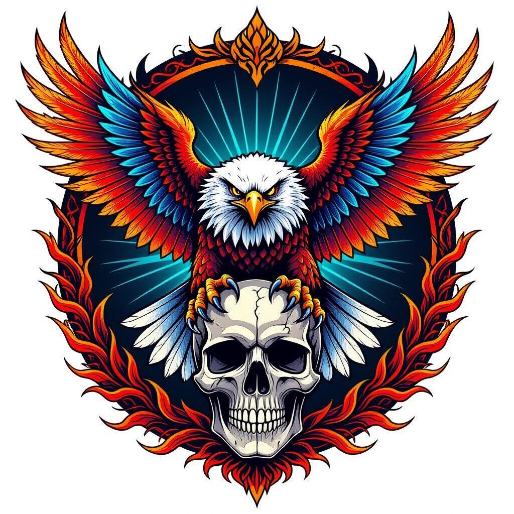 Powerful majestic eagle gripping human skull with sharp talons. Modern tattoo-art style. Vivid detailed feathers in electric blue fiery red bright orange. Fierce glowing eyes. Realistic aged cracked skull with dramatic shading. Dark gradient background with tribal or flame-like ornaments in neon colors. Symmetrical composition rich in contrast and texture.