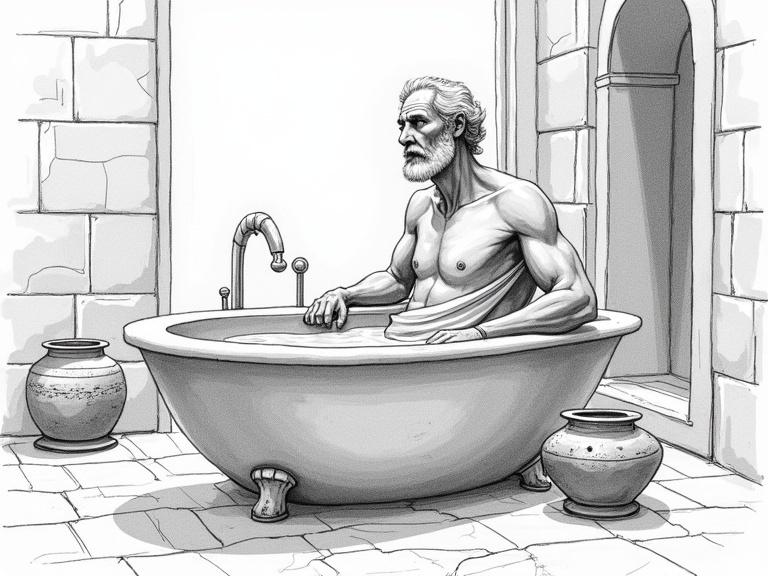 Sketch of Archimedes, an old man in ancient Greece. He is in a stone bathtub filled with water. Observing the overflowing water. Expression shows amazement and realization. Environment features rustic Greek-style interior, stone walls, clay pottery. Classical aesthetic. Archimedes appears elderly with a thoughtful gaze, wearing a simple white robe. Lighting emphasizes discovery moment, creating an intellectual mood. Black and white sketch style, thin pencil drawing on white paper.