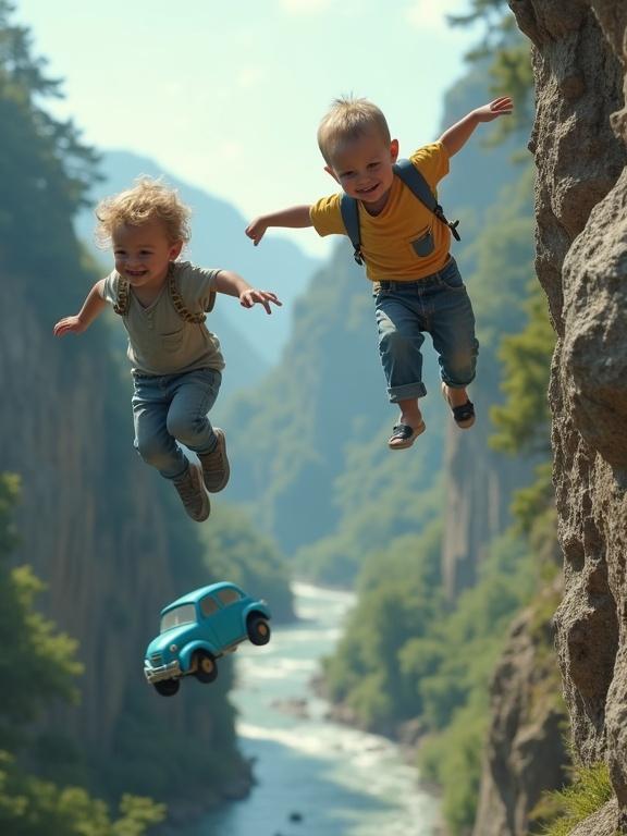 Two toddlers wearing shirts and nikar in mid-air above a river. Blue toy car in the air falling towards the water. Natural scenery with cliffs and trees.