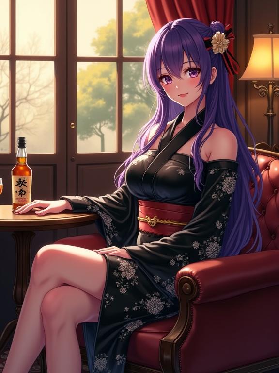 Anime lady sits gracefully in a vintage leather sofa. She has striking violet hair and eyes. Wears a shiny black off-shoulder kimono with white floral patterns. Long hair adorned with flower and ribbon. Relaxed posture with crossed legs. Arm on armrest and hand on table with a Japanese alcohol bottle. Warm golden light fills a cozy retro lounge. Antique decor creates inviting atmosphere. Window shows serene tree view.