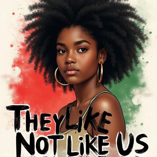 Airbrush-style t-shirt design. Confident young Black girl with natural afro puffs. Facing forward. Wearing gold hoop earrings. Text says 'They Not Like Us' in bold street graffiti script. Pan-African background splashes in red, green, black. 300 DPI. Transparent background PNG. Juneteenth empowerment aesthetic.