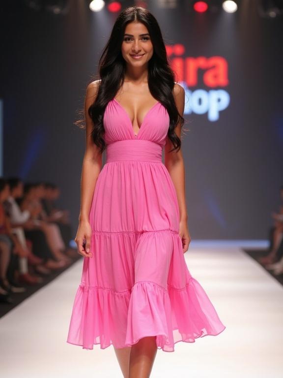 Young woman walks down runway. She wears a bright pink dress with ruffles. Long black hair falls over her shoulders. She smiles at the camera. Kira Shop sign lights up background.