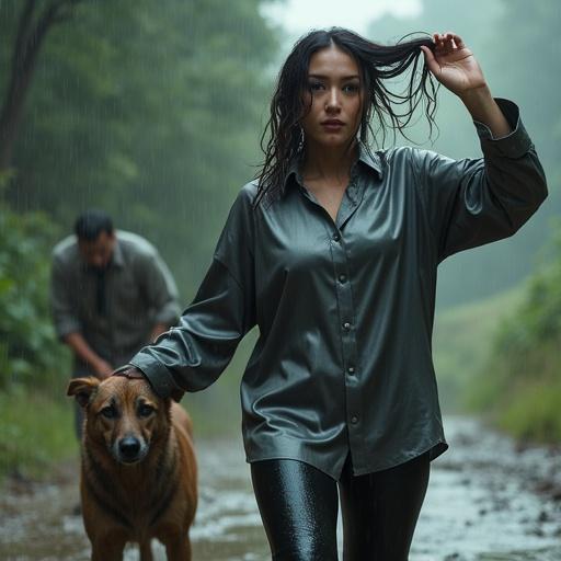 Cinematic scene featuring a woman in shiny gray silk shirts and black leather pants. Woman walks forward while tugging a man's hair in muddy conditions during a rainstorm. Woman laughs and appears mocking as man crawls like a dog on the ground. Background shows greenery and heavy rain, creating a dramatic atmosphere.