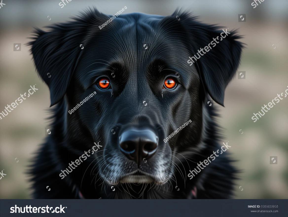 Big black dog with striking red eyes stares at the camera from shadows. Creates a horror ambience. Sense of mystery and unease in the scene.