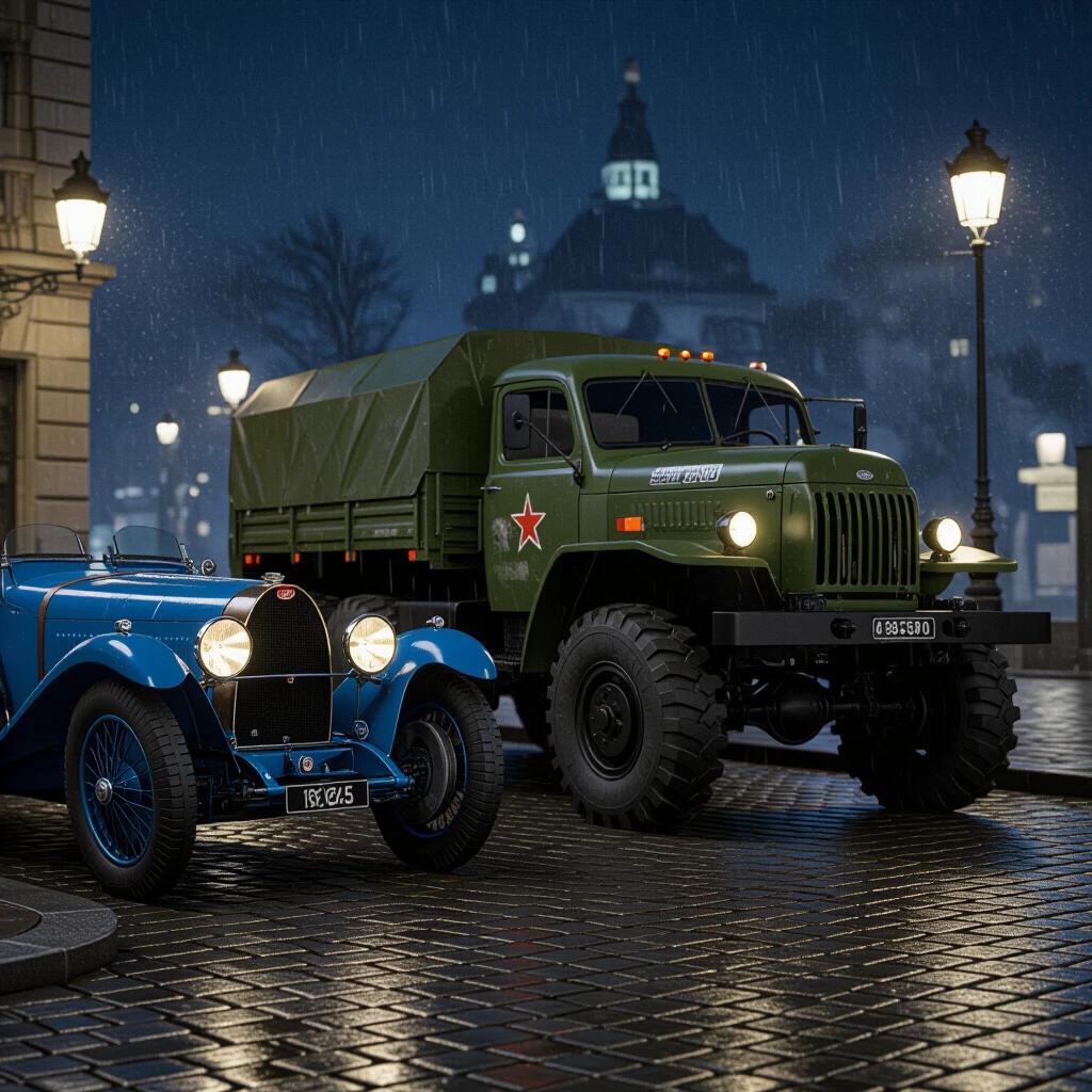 Night scene depicting 1924 Bugatti Type 35 parked beside a Soviet 6x6 military truck in Waterloo 2025. Rain-slicked cobblestones create reflections. The setting is lit by sodium-vapor lamps, with signs of post-rain mist. Bugatti showcases a sleek blue body while the truck exhibits rust and corrosion. Vehicles present a mechanical contrast; Bugatti’s elegance versus truck’s ruggedness. Low-angle shot captures the size difference. Contextual details include a waterloo street sign, holographic ads reflected in puddles, and a faint hammer/sickle shadow under the truck.