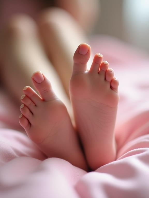 Feet of a girl with cute, manicured toenails. Side view in a bedroom setting. Soft pink bedsheets create a cozy atmosphere.