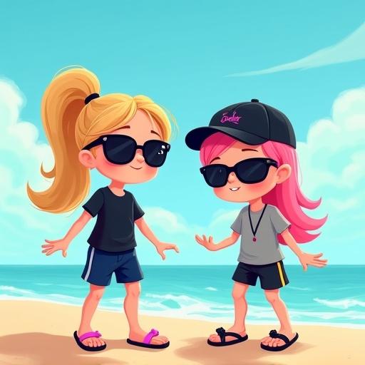 Cartoon scene of two girls at the beach. One girl has long dark-blonde hair in a ponytail. She wears black sunglasses, a black shirt, navy-blue shorts, and pink flip-flops. The other girl has pink hair and wears sunglasses, a black cap, grey shirt, black shorts, and flip-flops. They stand joyfully by the ocean.