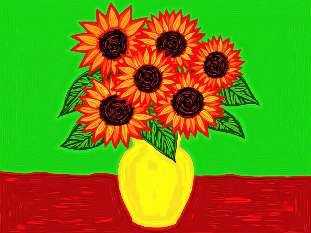 The image depicts a vibrant still life painting featuring a bouquet of sunflowers in a yellow vase. The sunflowers are characterized by their bold red and orange petals, creating a striking contrast with the green background. The vase, golden in color, sits on a rich, red tablecloth that adds warmth to the scene. The brush strokes are expressive, giving the flowers a dynamic appearance. The overall composition conveys a sense of energy and life, capturing the beauty of the sunflowers in a unique artistic style.