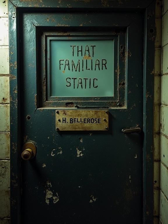 Heavy black industrial metal door with chipped paint and cracks. Horizontal observation window at eye level with title stenciled above. Nameplate below with a patient label. Rust, worn screws, and asymmetry suggest age and unease. Moody, cinematic lighting.