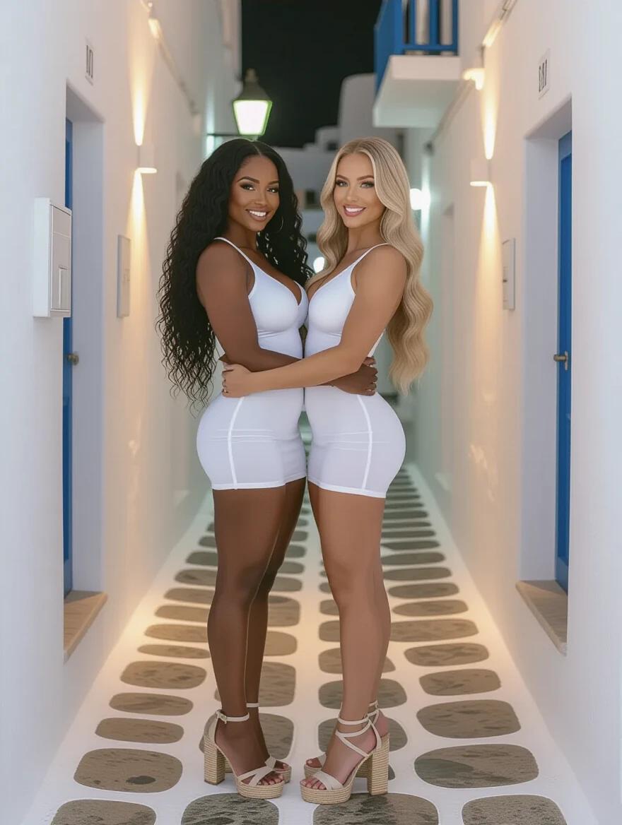 Two women are standing closely in a charming alley at night. They have distinct skin tones one is very dark and the other very light. Both wear tight, white dresses and high-heeled sandals. They are embracing each other.