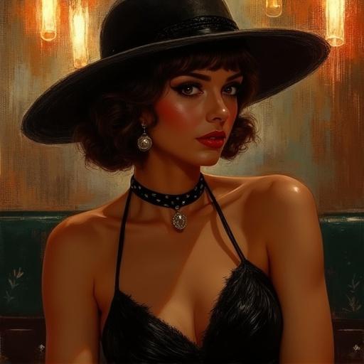 Close-up view of a flapper girl in a dimly lit art deco speakeasy. Focus on her facial features and attire. Use vibrant dark colors to enhance the mood.