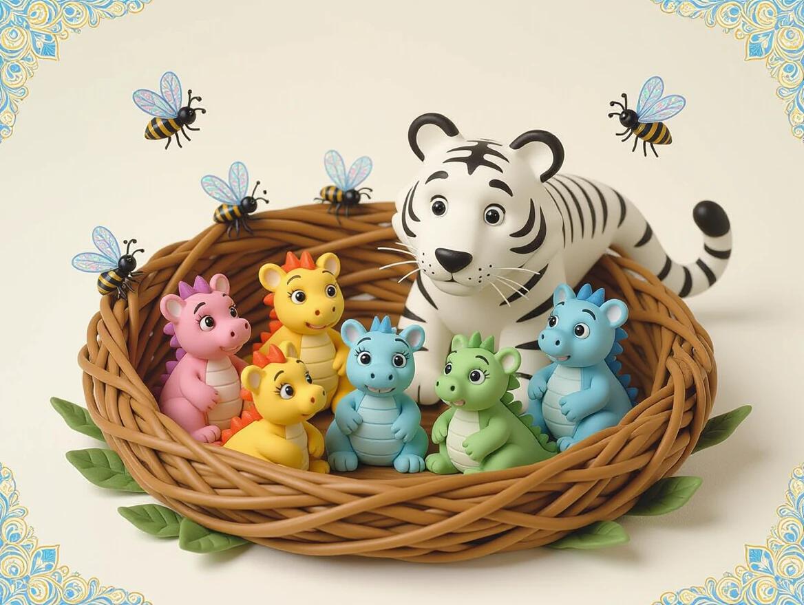 A cozy nest filled with five adorable baby dragons in pastel clay colors Tiny glitter-winged bugs hover over them in a detailed dreamy claymation scene