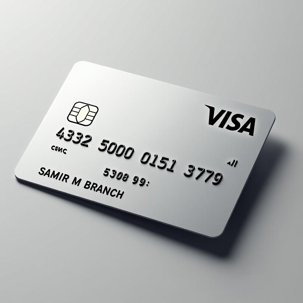 A realistic image of a credit card with Visa logo. Number 4332 5000 0151 3779 is visible. Cardholder name is SAMIR M BRANCH. Expiry date 03/29 is at the bottom. The card is flat on a table.