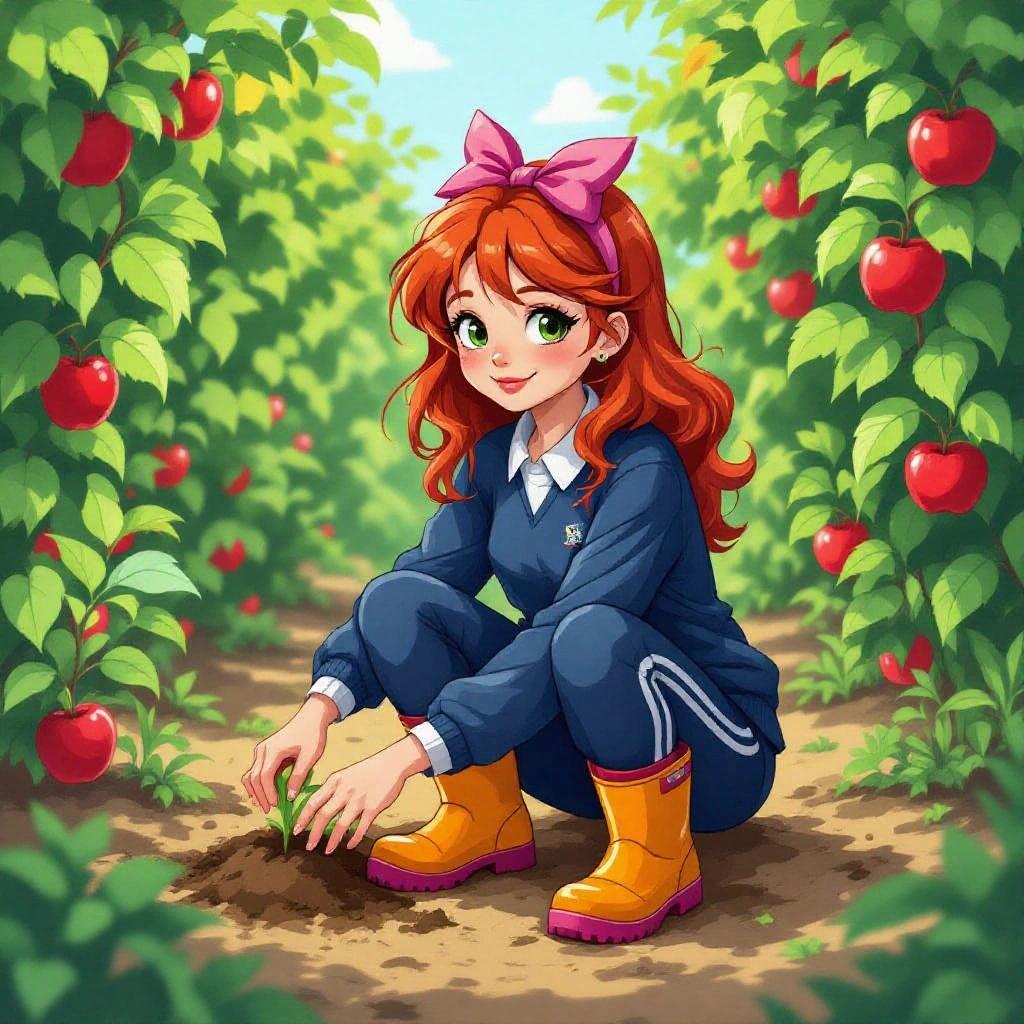 A human girl with red hair and a pink bow is planting in an apple orchard. She wears a navy blue tracksuit and orange wellies while crouching between rows of apple trees.
