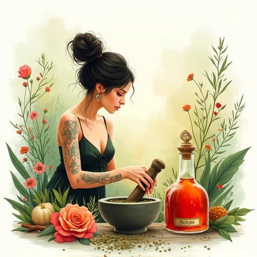 Minimalistic screen printing artwork on white background featuring serene woodland. A goddess with delicate tattoos prepares herbal infusion. She grinds herbs with mortar and pestle. Surrounded by jars of colorful ingredients and flowers. An apothecary-style bottle of 'ALFRUNO' elixir sits nearby. Foreground features spirit bottle with reddish liqueur and hang tag labeled 'ALFRUNO' in elegant font, with rosemary, cinnamon, and a rose. Artwork in soft watercolor style, inspired by Alphonse Mucha and WLOP. Color palette creates tranquility and natural beauty.
