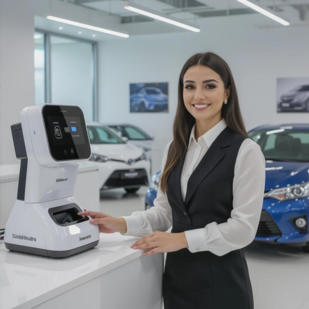 Smart assistant in a car dealership. The woman interacts with a machine designed for automotive parts. Modern showroom environment with vehicles displayed. Focus on the technology used for customer assistance.