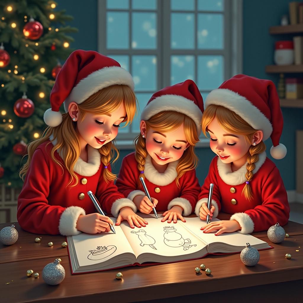 The image depicts three cheerful girls dressed in red Christmas outfits, seated around a table. They are intently drawing in a large book, with various Christmas-themed images visible. The room is warmly lit, embellished with a beautiful Christmas tree in the background, covered in twinkling lights and ornaments. Each girl has a festive Santa hat, enhancing the holiday spirit. The scene captures a moment of creativity and joy, embodying the essence of Christmas joy and family traditions.