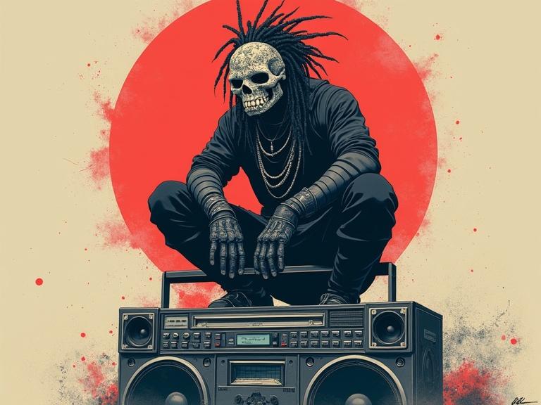 A futuristic samurai warrior blends traditional armor with modern urban streetwear. Crouching on a massive boombox with a skull mask. Dreadlocks and engravings add detail. The atmosphere is raw and gritty, combining cyberpunk and classic samurai styles. Striking colors of soft reds and blues against a muted beige. Japanese calligraphy is woven in. Cinematic lighting emphasizes movement. The approached style is illustrated with bold, exaggerated details.