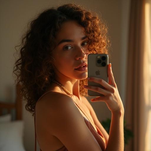 Photo shows a young woman with curly hair in her bedroom. She is taking a picture with her phone in front of a mirror. Warm golden hour light creates a soft ambiance. She has freckles and slight skin texture. The image captures natural shoulder-length hair. Shot with a Canon EOS R5 85 mm lens. ISO setting is 600. The image features slight film grain and minimal digital sharpness with visible pores, showcasing unretouched skin.