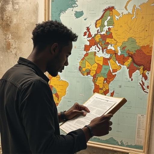 A person studying a map of the world. The environment is historical with a vintage touch. The individual appears focused and engaged with the map.