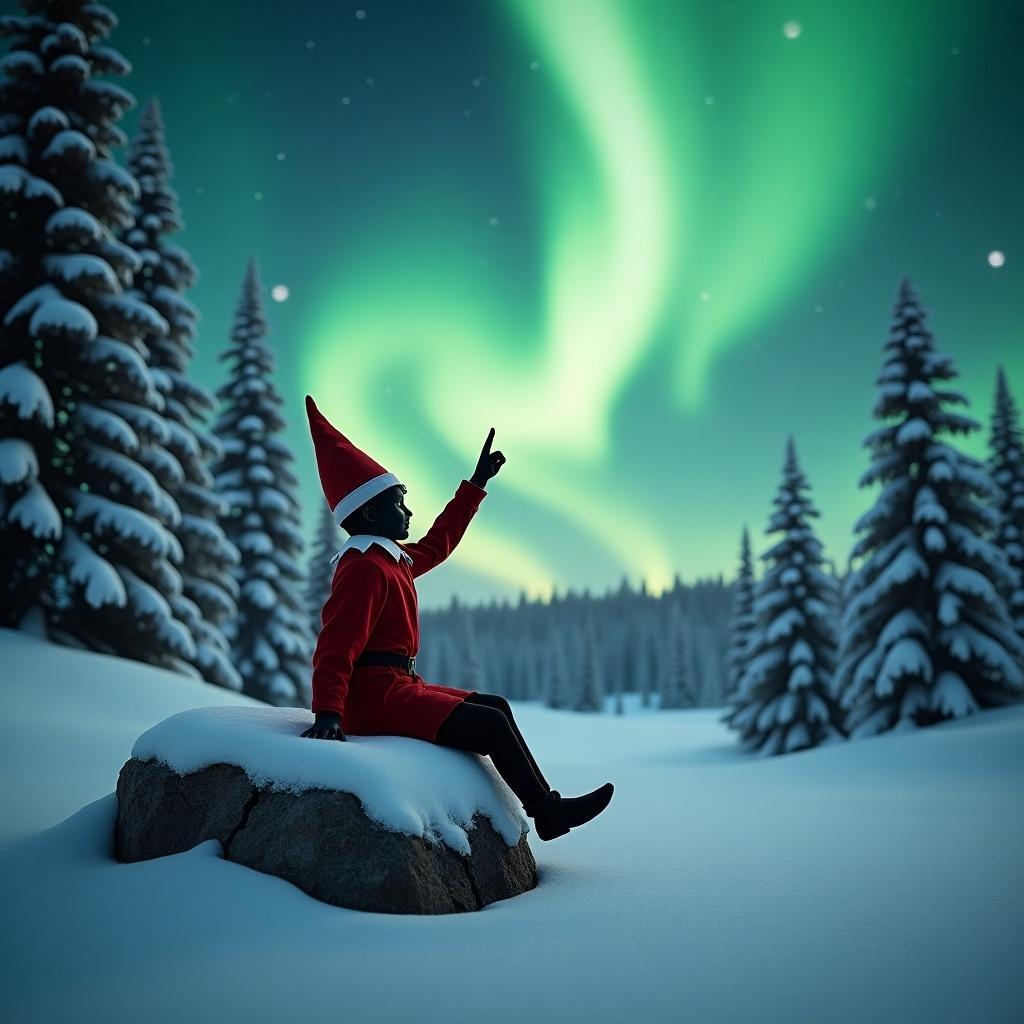 The scene depicts a black elf sitting on a snow-covered rock in a tranquil winter landscape. He is wearing a classic red and white outfit and a pointed hat. Above him, the northern lights illuminate the night sky, creating a vibrant green glow. The elf is pointing upwards. Snowy pine trees blanket the background, enhancing the wintry atmosphere. This whimsical setting evokes a sense of wonder and holiday cheer.