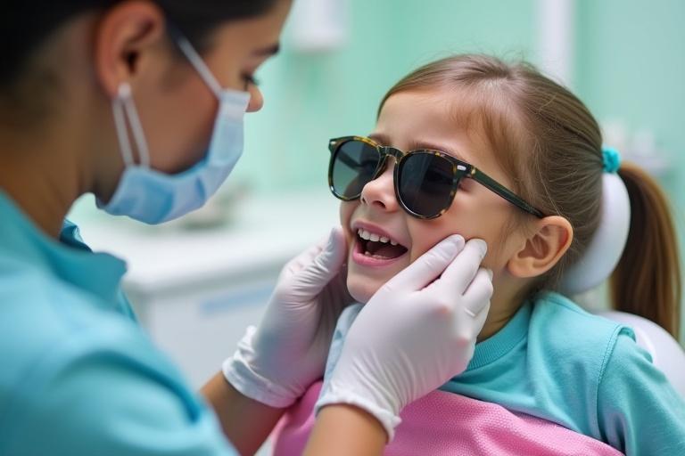 Scene depicts pediatric dental emergency situation. Dentist comforts child with a substance use issue. Clinic decorated with bright colors. Caring posture of dentist. Child has tearful expression and is wearing sunglasses.