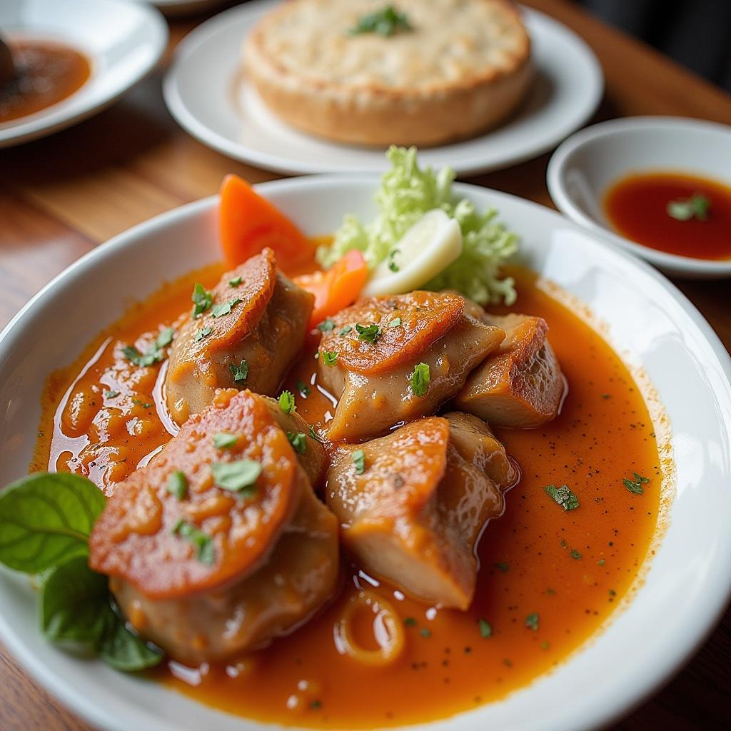 Plate of dumplings in a rich sauce. Dumplings garnished with fresh herbs and vegetables. Cozy food setting with a background of other dishes.