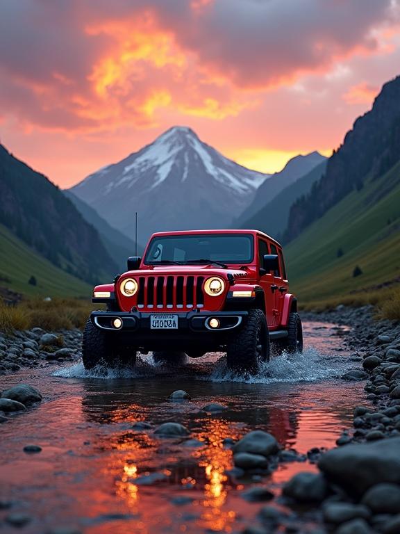 A hyper-realistic red Jeep Wrangler driving through a shallow rocky stream in a lush mountain valley at sunset. The water reflects the warm hues of the vibrant sky, with orange, pink, and purple clouds casting a dramatic glow across the landscape. Towering green hills surround the scene, with a snow-capped mountain rising majestically in the background. The Jeep's headlights reflect off the water, and its tires splash gently through the muddy trail, capturing a moment of off-road adventure and raw natural beauty.