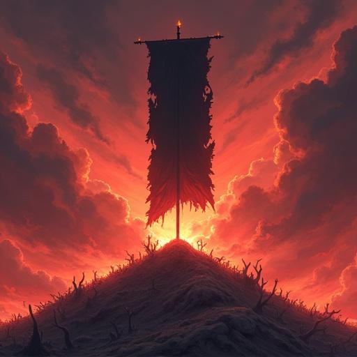 Anime style. Darker warm colors. Tattered vertical banner burning with black flames in the center. Iron-black flagpole stands on a mountain of corpses glowing with fiery red. Sky filled with aflame clouds.