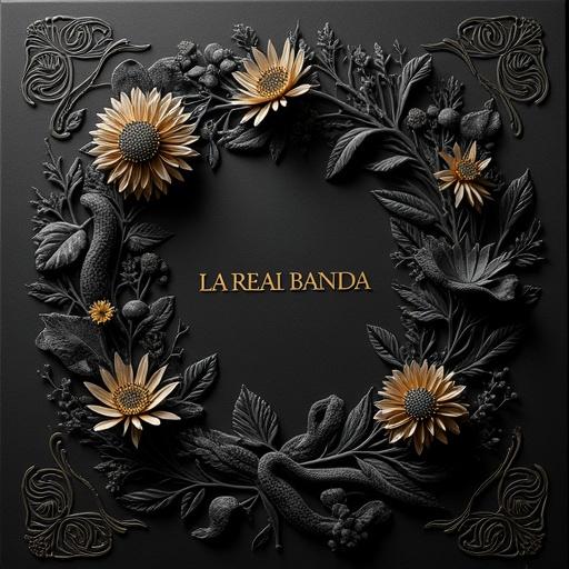 Sophisticated album cover design featuring an elaborate blind emboss illustration. A matte black background highlights a nocturnal garden with dahlia flowers and agave leaves. Intertwined snakes add elegance. Gold leaf details grace the embossed flowers. Centered text says 'LA REAL BANDA' in a golden serif font. The mood is mysterious and luxurious. Style is photorealistic and minimalist. Square aspect ratio.