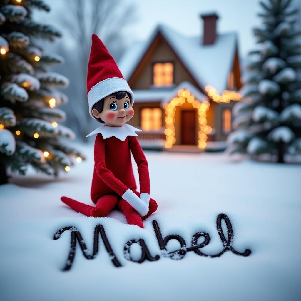 A festive Elf on the Shelf character is outside in a snow-covered landscape. The elf, dressed in red and white, is smiling while writing the name 'Mabel' in the soft snow. In the background, a charming house is decorated with warm lights, adding to the cozy atmosphere. Snowy Christmas trees surround the scene, highlighting the holiday spirit. The entire setting evokes a cheerful and warm holiday feeling, perfect for the season.