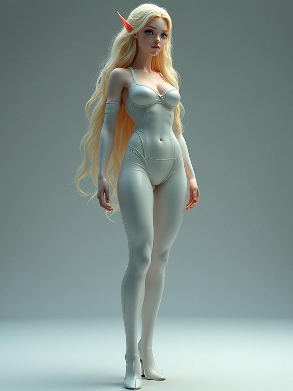 Stylized 3D character of an elf woman. Tall stature with blue eyes. Long blonde hair. Curvaceous body shape with big bust and thin waist. Outfitted in a white skin-tight suit with matching shoes. Displayed in a T-Pose for emphasis on the body structure.