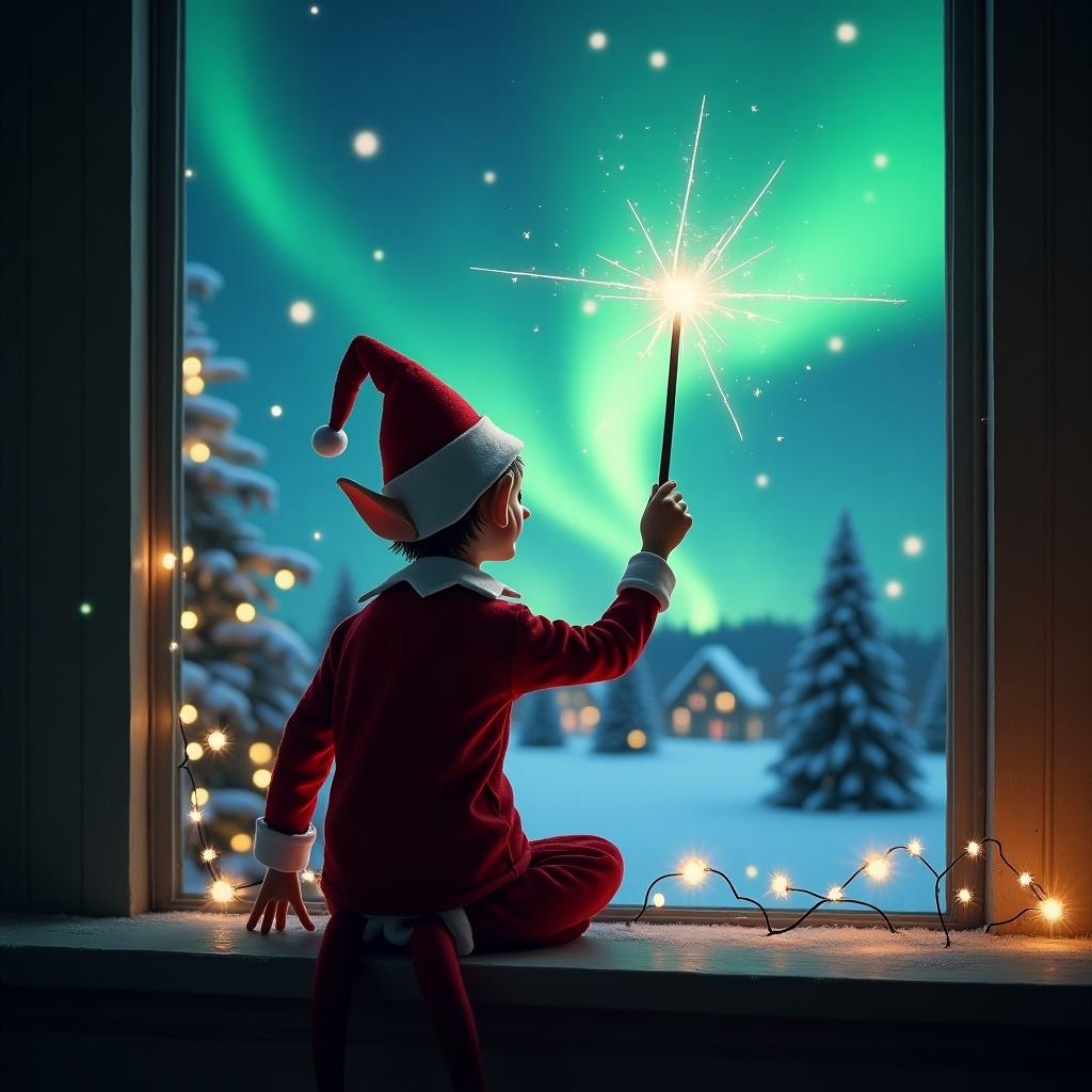 The image features an elf on the shelf sitting by a window with his back to the viewer. He is facing a vibrant sky filled with northern lights, holding a sparkling wand. The elf is trying to write the name 'Parker' in the sky, adding a magical touch to the scene. Outside the window, a snowy landscape is revealed with twinkling lights from nearby houses. The overall atmosphere is enchanting and festive, perfectly capturing the spirit of Christmas.