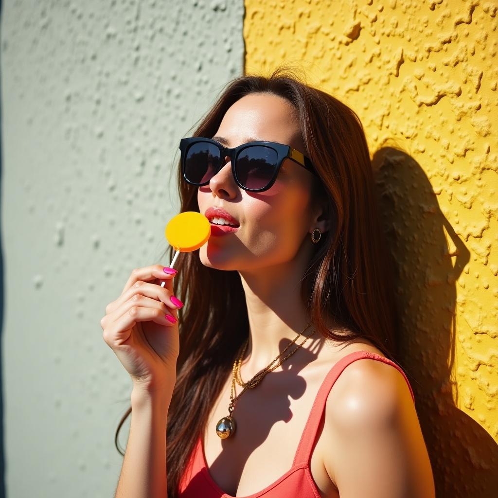 A woman enjoys a lollipop. She wears sunglasses. The background is a textured wall. The scene is bright with natural sunlight. She poses playfully.