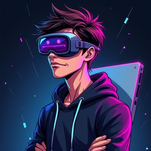 Male character in comic book style. Character has a sarcastic expression. Features big futuristic glasses or AR visor. Wears a dark hoodie with neon cyan and purple accents. Has short messy hair and a smirking face. Background is dark with digital glitch effects. Soft lighting on face highlights confidence. Comic shading used throughout. Characters holding a floating laptop behind him. The character is half-turned with an edgy vibe.