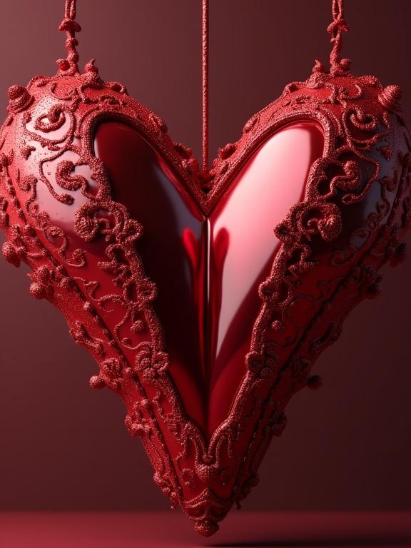Intricate 3D heart shape designed with zentangle techniques with a shiny latex appearance. Heart colored in shades of red and burgundy. Featured in high resolution.