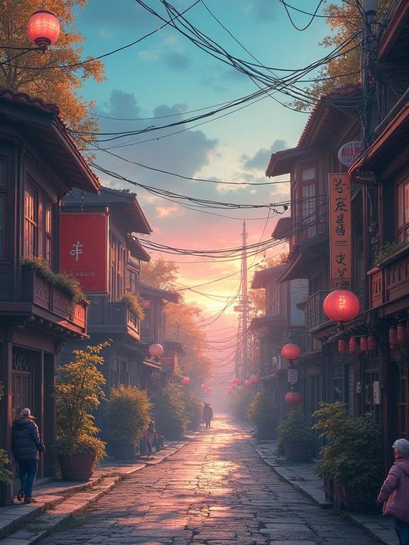 A tranquil narrow street lined with traditional wooden buildings. Lanterns glow warmly as the sun sets. Gentle mist enhances the peaceful atmosphere. People stroll leisurely in the soft light. Autumn trees add vibrant colors. Shadows and reflections create depth.