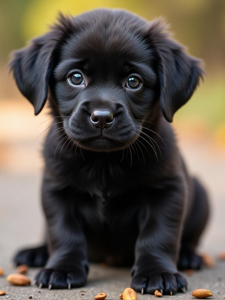 A black puppy sitting calmly on a pathway with some scattered food around. The puppy has a soft black coat and an expressive posture.