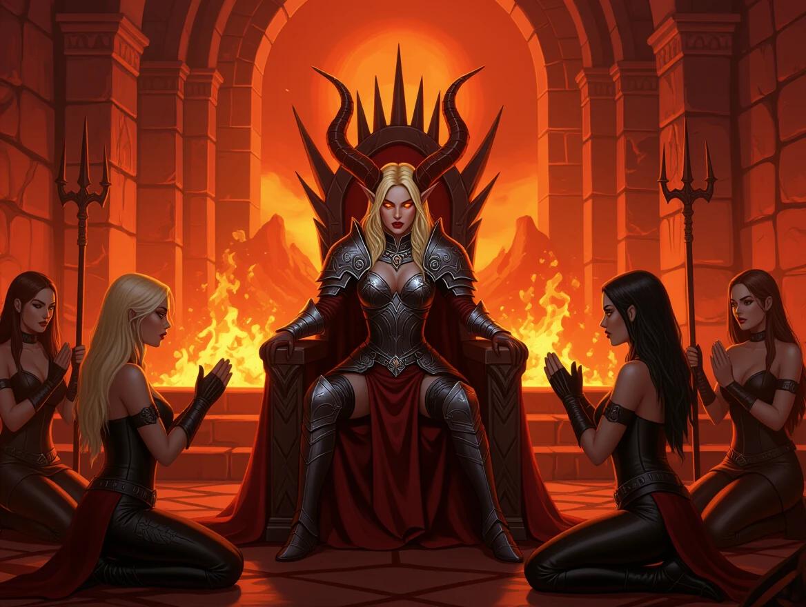 Blond female Paladin in Demon Queen's throne room. Lava surrounds her. Four kneeling women in leather perform ritual. Demon Queen has red and black skin, golden eyes, and horns.