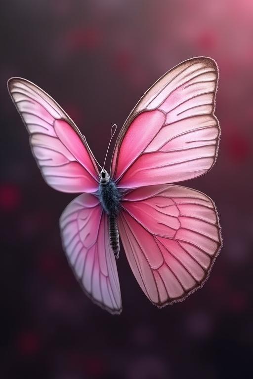 Flying butterfly in dark pink and white colors. Soft and dreamy background. Delicate wings with intricate patterns. Aesthetic insect photography.