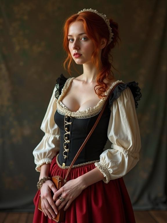 A woman in a medieval-inspired outfit with a low-cut neckline. She has red hair styled elegantly. The bodice is black with decorative details. The skirt is flowing and red. The background is softly blurred with floral patterns. Captures a vintage aesthetic.