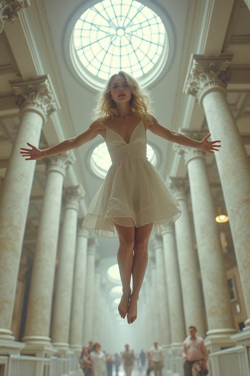 A blonde woman is suspended in mid-air wearing a white dress inside a grand white marble building. The architecture is reminiscent of classical styles with tall columns and a large circular window. People surround her, blending into the background.