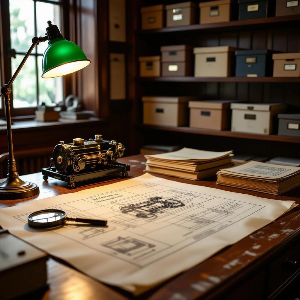 A vintage archive room filled with dusty automotive blueprints from the 1930s. An oak desk covered with blueprints. A magnifying glass resting over the design of an engine. A green lamp casts soft light. Shelves filled with labeled boxes labeled for Bugatti's secret projects from 1927 to 1933.