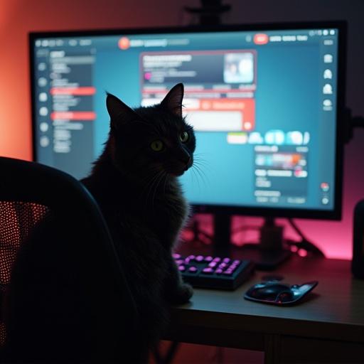 A cat sits in front of a computer monitor that displays f1zik. The scene is dimly lit, with ambient colors in the background. The cat is in silhouette with a gaming keyboard and mouse on the desk.