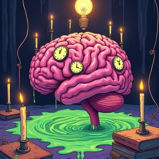 A hyper-detailed hand-drawn digital illustration. A giant pink human brain floats in a swirling pool of neon-green ooze. Five round vintage clock faces show different times embedded in brain folds. Dozens of half-melted candles surround the brain. Flickering flames cast warm yellow light. Thick dusty books titled 'Unfinished Thoughts' and 'Forgotten Memories' are scattered on the dark purple ground. Heavy industrial cables snake around. A bare bulb hangs overhead, illuminating the scene. Style is surreal and comic-book inspired, with clean linework and vibrant colors.
