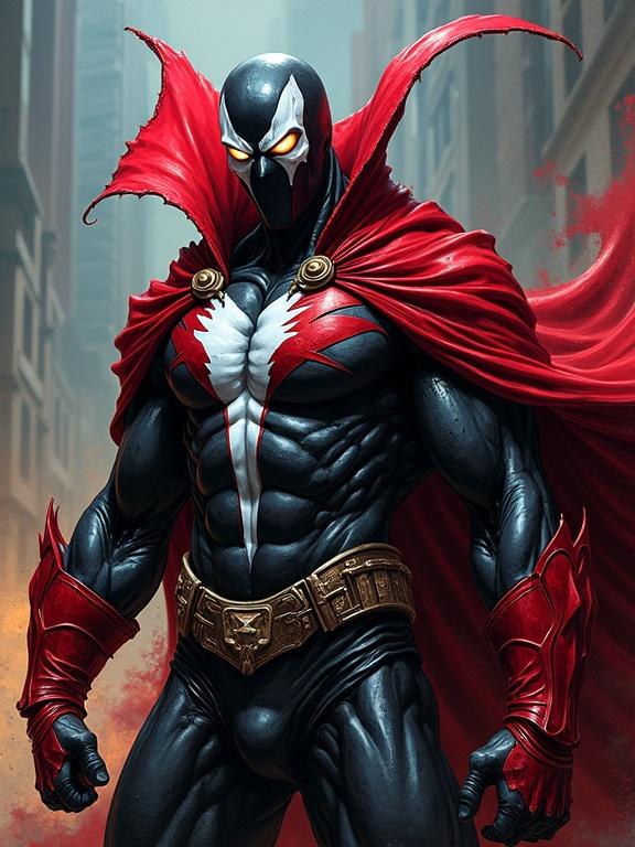 Comic book superhero character wearing a black and red costume with a muscular physique and dramatic cape. Character stands confidently with a powerful pose in an urban setting.