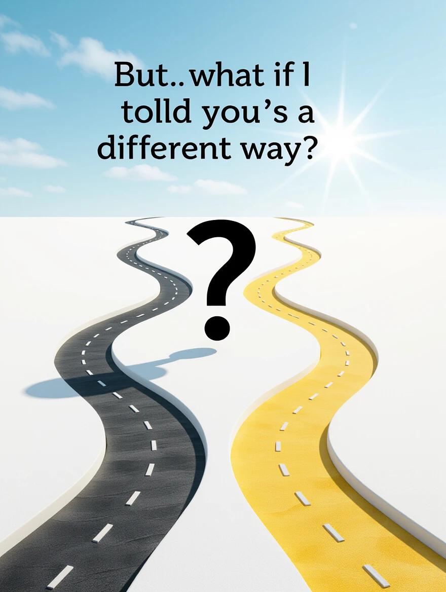A path diverging into two. One path is dark and winding; the other is bright and clear. A question mark is in the center. Represents the idea of different ways to approach life.