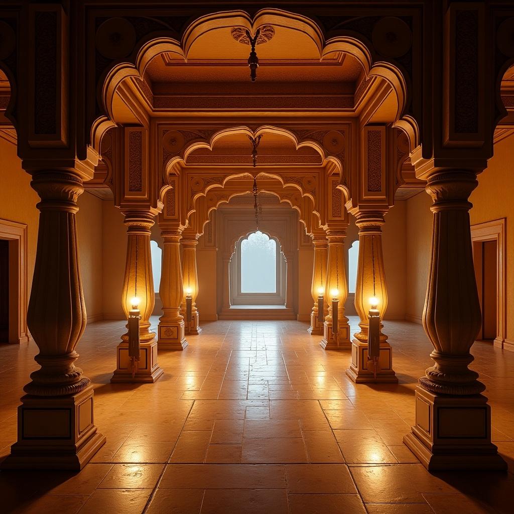 Interior of Hastinapura palace during evening light with pillars and illuminated windows. Historical scene where Pandavas played dice.