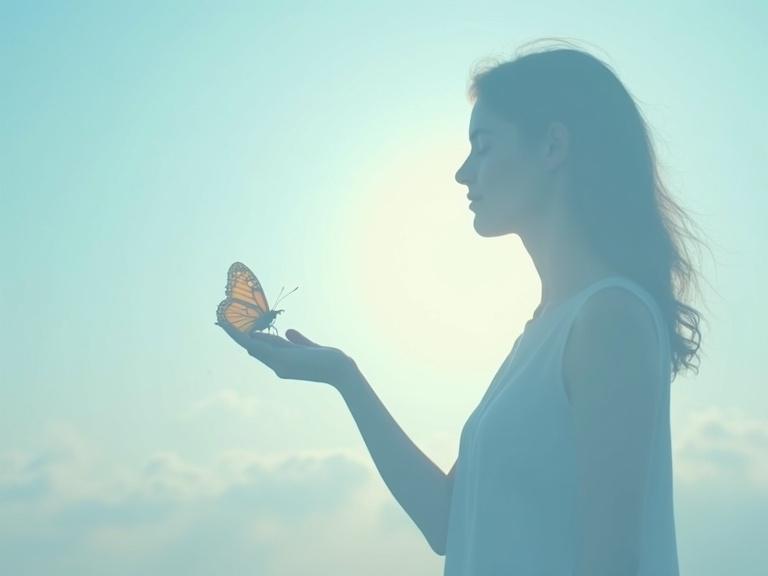 Realistic photograph of a woman in profile on the right of the frame. She has a butterfly on her hand. Light serene sky in soft blue shades. Evokes spiritual connection and powerful messages from loved ones. Shot with 50mm lens.