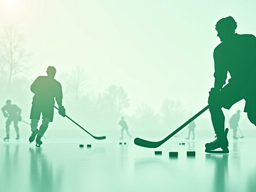 The image captures the silhouettes of hockey players on an ice rink. The players are in motion, skating and practicing with pucks scattered in front of them. The color palette is predominantly green and misty, creating a serene atmosphere. The lighting is soft, accentuating the shapes of the players against the ice. This scene conveys a sense of passion and dedication to the sport of ice hockey, making it appealing for sports-related uses.